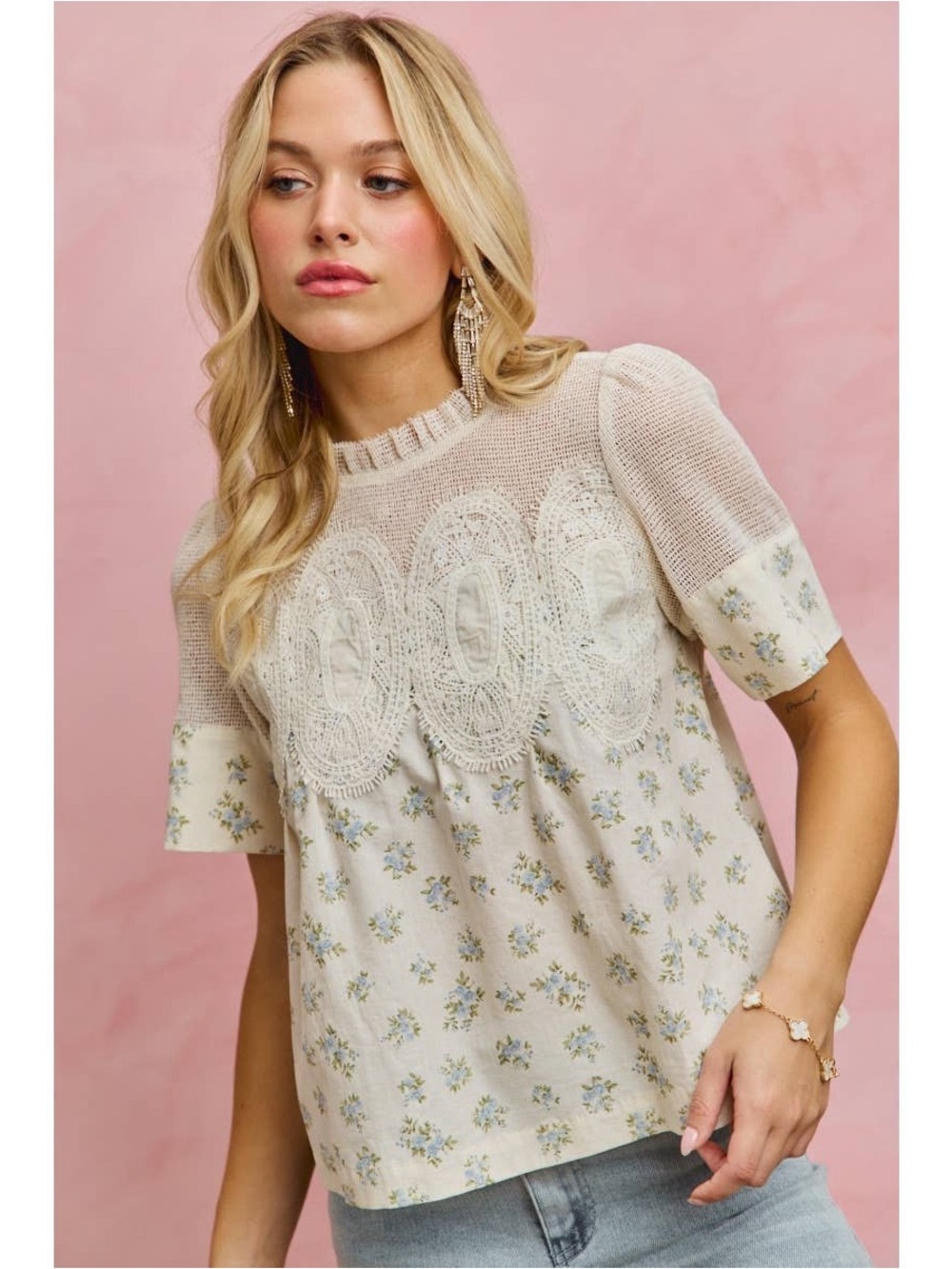 So Me BLUE FLORAL PRINT LACE TRIM COTTON BLOUSE TOP - Picture 5 of 10